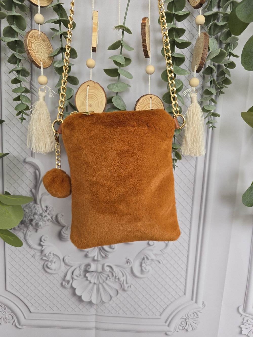 Faux Fur Crossbody Bag Plush Caramel Mini Purse with Gold Chain & Pom Charm